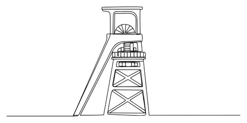 Industrial mine headframe tower for shaft elevator in continuous line art style © Cristiano
