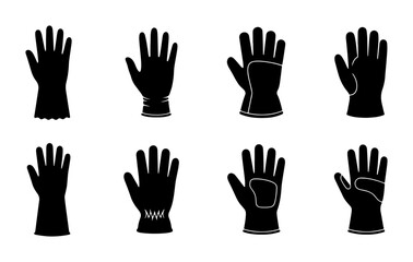 Fototapeta premium Diverse Glove Icons Set, Protective Handwear Silhouettes, Safety Gear Collection, Industrial and Household Mittens Vector Graphics