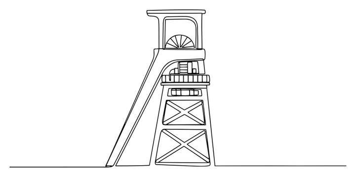 Industrial mine headframe tower for shaft elevator in continuous line art style