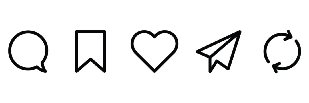 Outlined Instagram Interaction Icon Collection with Social Media Like Button, Comment Bubble, Share Arrow