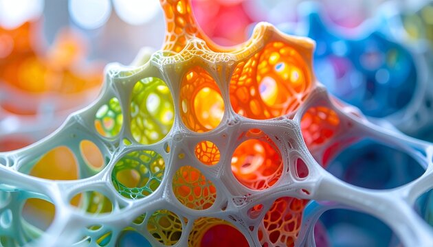 Abstract porous structure with colorful inner highlights, macro detail