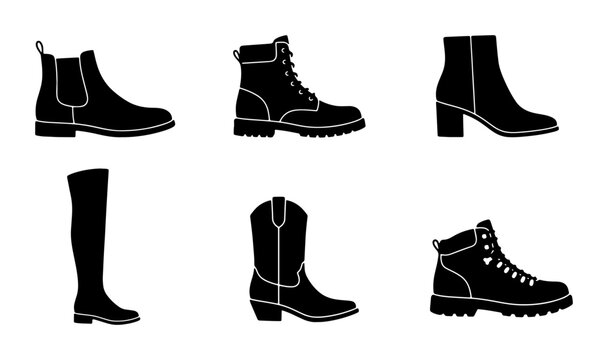 Set of Six Black Vector Boot Silhouettes: Ankle, Combat, Heeled, Over-the-Knee, Cowboy, and Lace-Up Styles for Fashion and Design