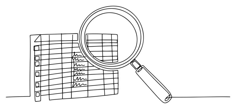 Magnifying glass examining spreadsheet data for audit and analysis in minimalist continuous line art style