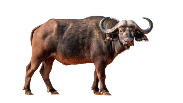 Isolated African buffalo standing, large powerful herbivore mammal, wild animal in wildlife preserve