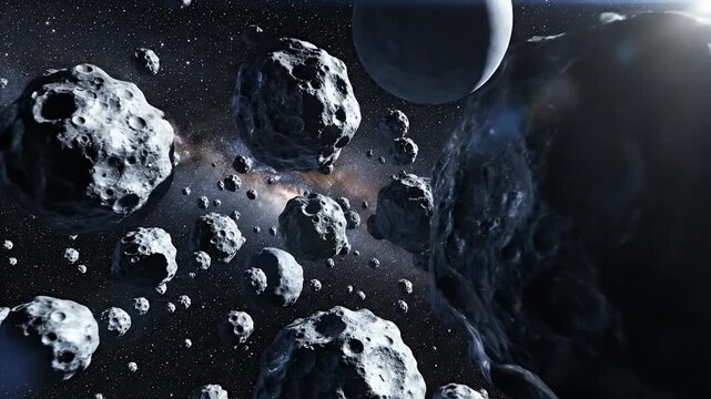 A stunning digital artwork depicts a vast asteroid field scattered throughout deep space, with distant planets visible in the background.