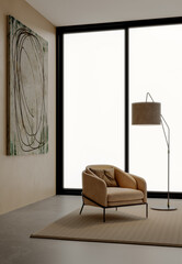 Obraz premium 3D render, illustration Large Luxury modern living room interior, realistic lighting, wide angle, contemporary furniture, clean lines, minimalist decor, elegant home design, large window