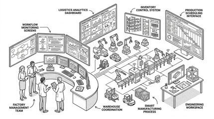 Obraz premium Industrial control room with multiple screens and workers.