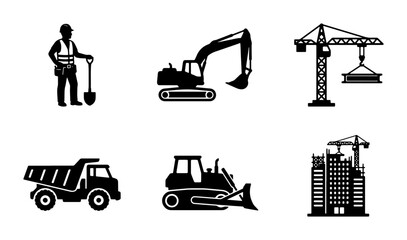 Construction Site Icons Set: Worker, Excavator, Crane, Dump Truck, Bulldozer, Building, Vector Graphics for Industry and Development Projects © Nurul