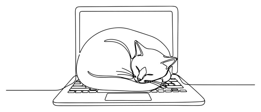 Cat sleeping peacefully on open laptop keyboard in continuous line drawing style