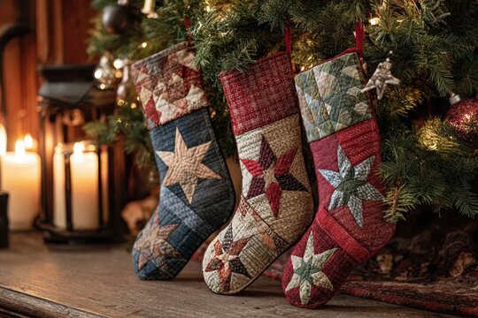 Matching Christmas decor in quilted patchwork style. Concept for heirloom holiday traditions and cozy winter homes.