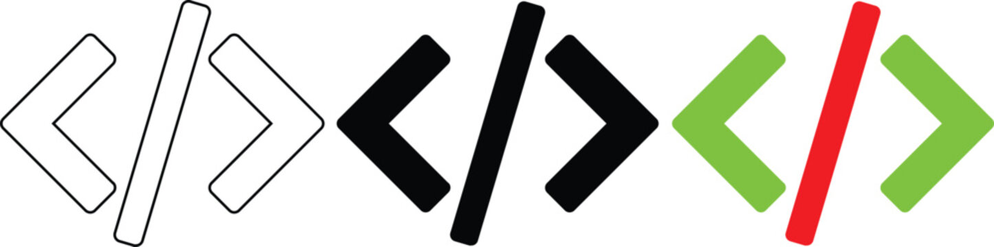 Programming code brackets slash icon set with outline black and green red color variations.