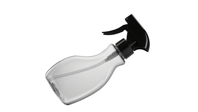 Isolated clear plastic spray bottle with black trigger and nozzle, ready for liquid