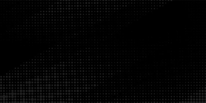 Abstract black background with dark grey halftone dot patterns. Minimalist geometric circle matrix backdrop for modern corporate presentation, tech banner, or creative cover.