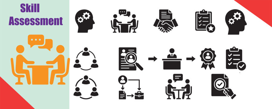 Skill assessment icons for job interview and evaluation process with human resources evaluation interview recruitment business qualification expertise competence performance feedback