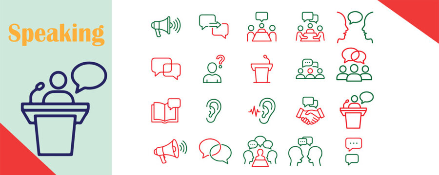 Speaking icons set for public speaking and communication with speaking communication presentation conference discussion dialogue audience listener microphone information conversation