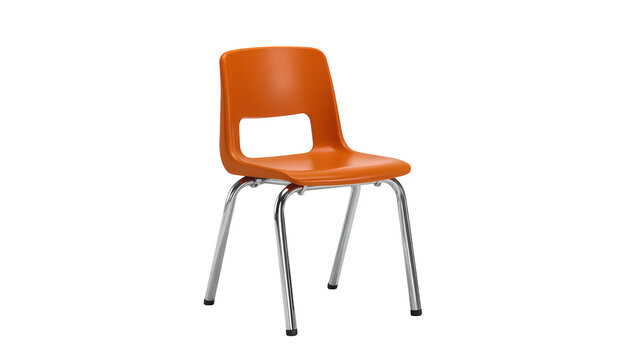 Isolated orange plastic classroom chair with chrome legs, durable and stackable furniture