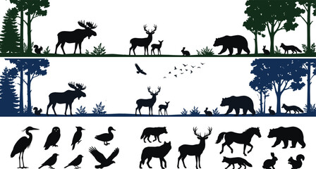 Fototapeta premium Black and white silhouette illustration of moose, deer, bear, fox, rabbit, squirrel and birds in diverse forest habitats
