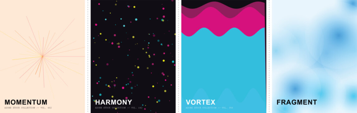 Modern abstract poster collection, set of 4 minimalist vector backgrounds, momentum harmony vortex fragment concepts for creative branding