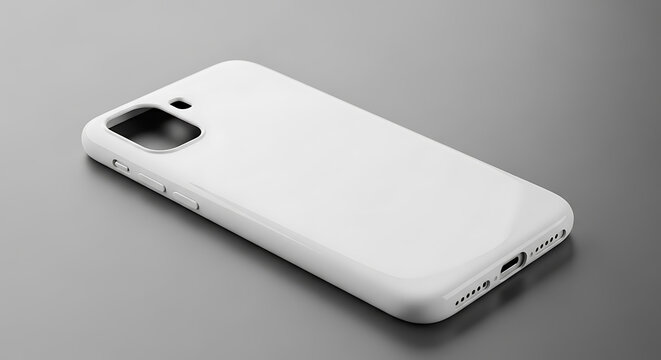White iPhone case mockup with cutouts for camera and charging port mockup, blank spaces for text