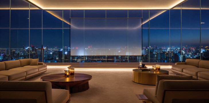 Modern luxury penthouse interior living room at night with city view penthouse interior apartment architecture lifestyle downtown expensive residence contemporary furniture