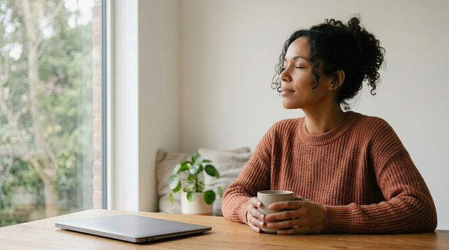 Mulher relaxada com caf? e laptop perto de janela, em ambiente dom?stico tranquilo e iluminado pela luz natural.