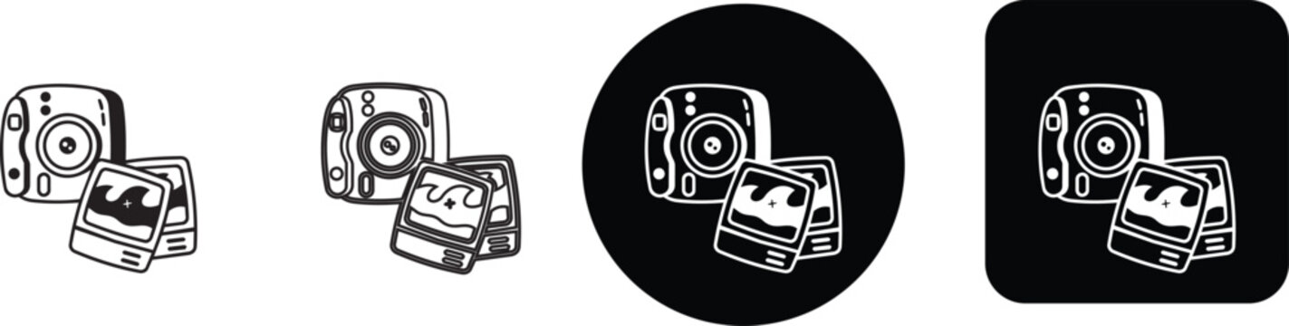 Vintage instant camera icon set with printed photographs featuring beach and tropical summer landscapes