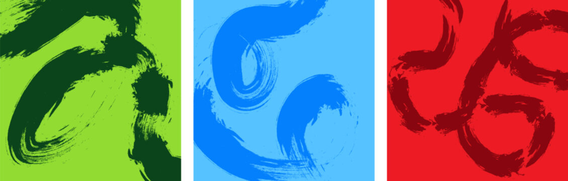 Set of three abstract brush stroke backgrounds in green, blue and red colors