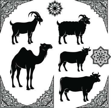 Eid al adha sacrifice animals silhouette illustrations