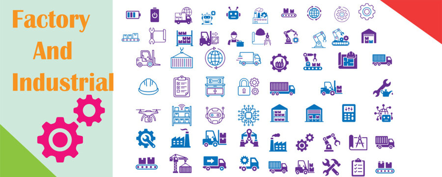 Factory and industrial icons for manufacturing and production with assembly line icon set flat design manufacturing production industry building machinery automation construction warehouse