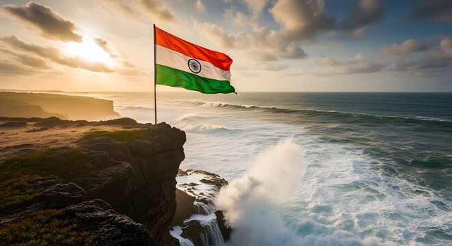 Indian flag waving by ocean cliff Vector