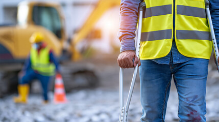 Fototapeta premium Injured construction worker in high visibility vest using crutches on a worksite, highlighting workplace safety and accident recovery.