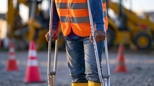 Injured construction worker in high visibility vest using crutches on a worksite, highlighting workplace safety and accident recovery.