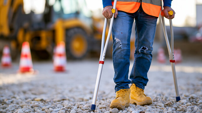 Injured construction worker in high visibility vest using crutches on a worksite, highlighting workplace safety and accident recovery.