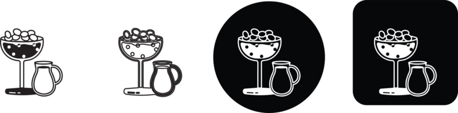 Summer cocktail glass with fruit and drink pitcher vector icon set in solid line and reverse style formats