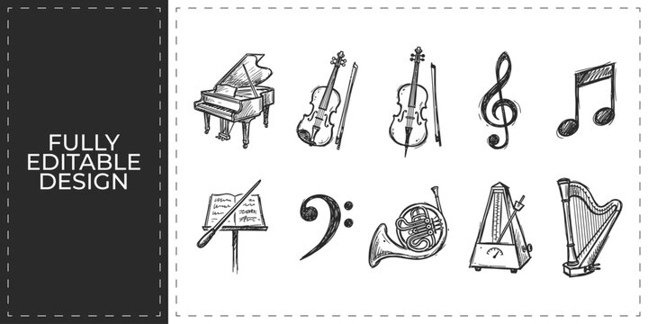 Hand drawn music and orchestra icons featuring piano violin musical notes and wind instruments flat vector illustration icon bundle set high resolution