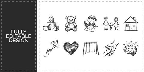 Fototapeta premium Hand drawn kids playground and family home icons with swing house teddy bear and child toys flat vector illustration icon bundle set high resolution
