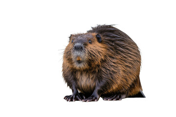 Isolated furry North American beaver with wet brown coat and prominent teeth looking forward © Vincent