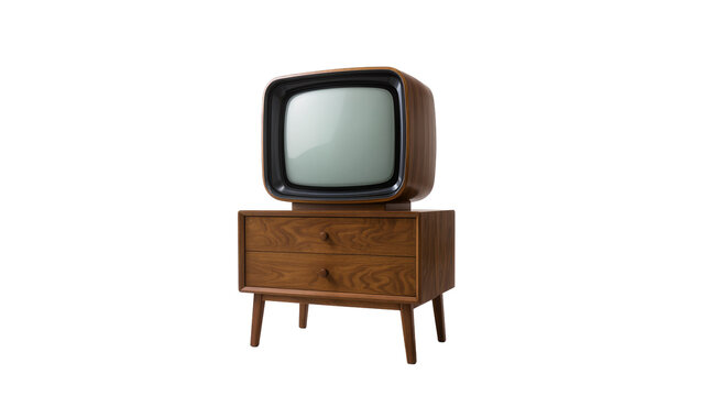 Isolated retro CRT television set resting on a stylish mid-century modern wooden cabinet.