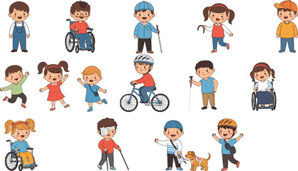 Fototapeta premium Inclusive Children Character Collection with Disabled Kids Happy Students and Diversity Education Cartoon Illustrations