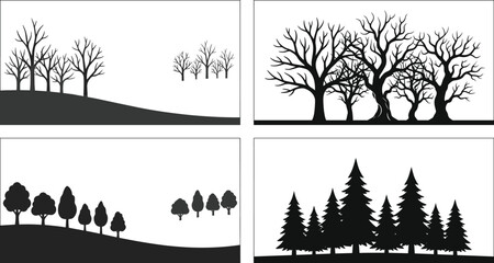 Black and white silhouette illustration of deciduous and coniferous trees on hills and flat landscapes showing seasonal forest variations © MdMenhajul