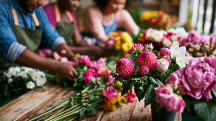 Obraz premium Women participating in floral arrangement workshop creating bouquets with fresh flowers in a creative learning environment.