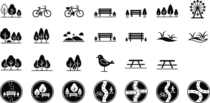 Park and Nature Icon Set with Trees Bicycle Benches Pathways and Outdoor Recreation Symbols