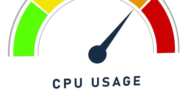 Digital gauge displaying CPU usage with a needle indicating a moderate level on a white background Keywords: CPU usage meter, computer performance, processor load, digital gauge