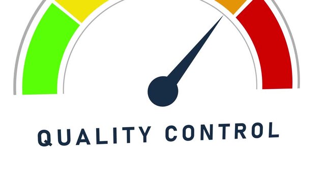 A of a control meter with the needle positioned in the yellow zone indicating a moderate level of control on a white background with colored segments Keywords: control gauge, inspection