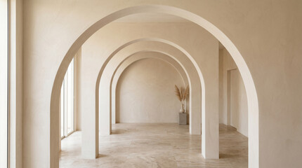 Naklejka premium Modern interior with white arches and beige walls