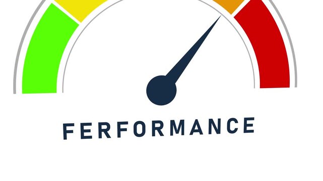 A performance meter with a dark blue needle pointing to the lower left section of the dial against a white background with green yellow and red color segments