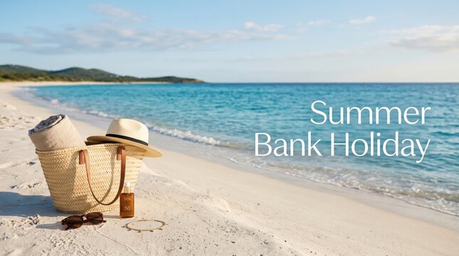 Summer Bank Holiday beach scene, tropical vacation background with straw bag and sun hat, turquoise ocean water and white sand shore