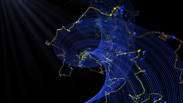 Abstract animation background from  spiral blue grid of force field with chaotic noisy line connecting dots in dark. Concept technology, science and medical visualisation.