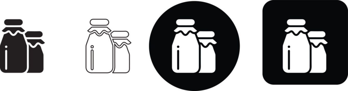 Minimalist glass milk bottle icon set with linear silhouette and circle badge style vector graphics