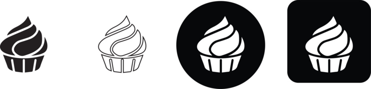 Minimalist cupcake dessert bakery icon set with line art silhouette and badge vector graphics